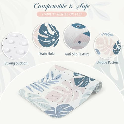 SHUCHING Blue Bath Mat for Tub Non Slip-40x16 Inch, Boho Leaves | Bathtub Mat for Women & Elderly Mold Free, Long Shower Mat for Inside Shower with Suction Cup, Machine Washable - color: Leaf