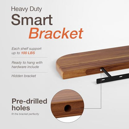 BATODA 24" Acacia Wood Floating Shelves Wall Mounted (Round Edge) – Rustic Farmhouse Wooden Wall Storage Shelf for Bedroom, Kitchen - Brackets and Shelving Hardware Included (Acacia,24 Inch Length) | 100 LBS Capacity, Hidden Brackets, Thick Shelf Design,