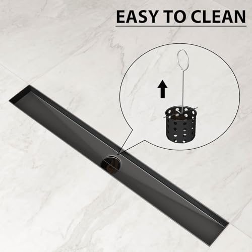 SaniteModar 24 inch Linear Shower Drain Matte Black with Tile Insert Grate | AISI 304 Stainless Steel Brushed Shower Floor Drain Rectangle Linear Drain with Hair Fliter and Adjustable Feet - color: Matte Black, size: 24 inch