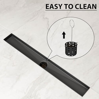 SaniteModar 24 inch Linear Shower Drain Matte Black with Tile Insert Grate | AISI 304 Stainless Steel Brushed Shower Floor Drain Rectangle Linear Drain with Hair Fliter and Adjustable Feet - color: Matte Black, size: 24 inch