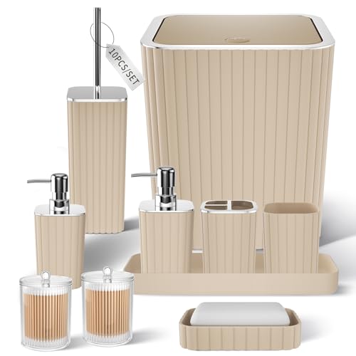 XLHOMO Bathroom Accessories Set - Gorgeous Beige Bathroom Set, 10PC Bathroom Accessory Set, Toilet Brush, Trash Can & Soap Dispenser - size: Bath Set, style: Beige&Silver