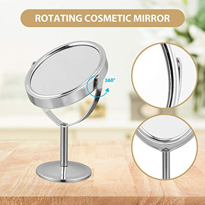 Desktop Swivel Bathroom Mirror Magnifying Cosmetic Mirror Vanity Mirror with Stand Desk Mirror Rotatable Double- Sided Round Swivel Mirror Mirror Metal Frame Mirror (Silver)