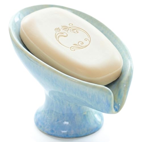 Ceramic Drain Soap Dish - Glacier Blue Leaf Self Draining Bar Soap Holder, Colorfast Stain Resistant Soap Saver for Bathroom & Kitchen, Shower, Sink, Easy Clean