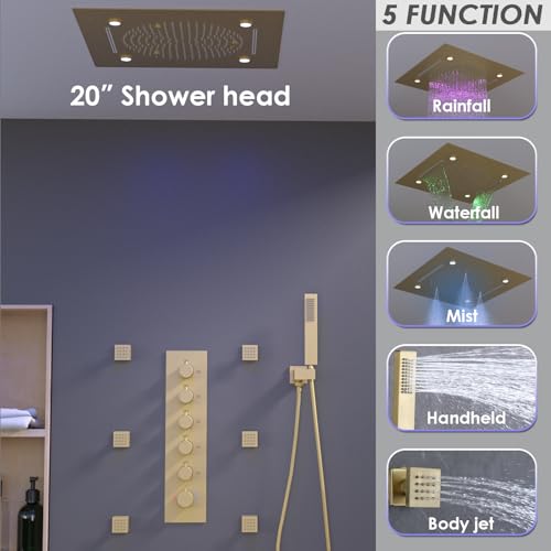 Enga Thermostatic Shower System with Body Jets, 20-Inch LED Rainfall Mist Waterfall Luxury Multi Function Rain Shower Faucet Set, All Functions Can Operate Simultaneously, Brushed Gold - color: Brushed Gold, style: 20" Head (Rain + Mist+Waterfall) - Jets
