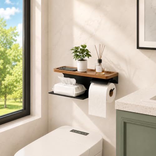 Toilet Paper Holder with Wide Solid Wood Shelf, Wall Mounted Matte Black | 16" X 5.3" Double Roll Holder Fits Phone & Large Wipes Storage | Rust-Resistant for Rustic Farmhouse Bathrooms Organizer