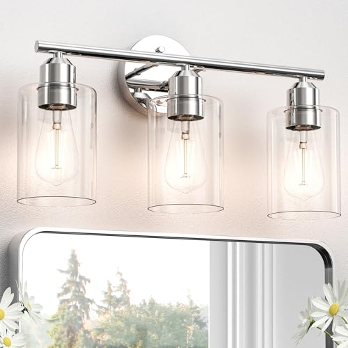 Bathroom Vanity Light Fixtures Polished Chrome Bathroom Lighting Fixture, 3 Lights Bathroom Light Fixture Over Mirror, Modern Black Vanity Light, Wall Sconces with Glass Shades - color: Polished Chrome, size: 3 Lights