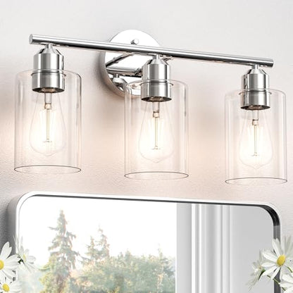 Bathroom Vanity Light Fixtures Polished Chrome Bathroom Lighting Fixture, 3 Lights Bathroom Light Fixture Over Mirror, Modern Black Vanity Light, Wall Sconces with Glass Shades - color: Polished Chrome, size: 3 Lights