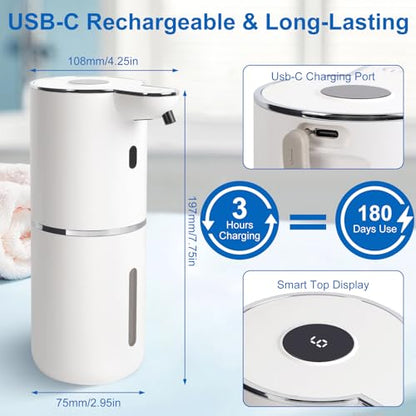 Automatic Soap Dispenser, Hand Soap Dispenser 12.8oz/380ml Smart Rechargeable, Liquid Touchless Soap Dispensers with 6-Level, Wall Mounted or Countertop Dish Soap Dispensing for Bathroom & Kitchen - color: White