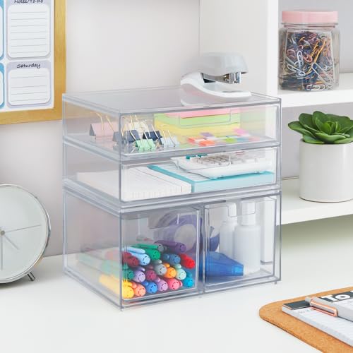 STORi Stackable Desk Organizer Drawers, Clear Pen Pencil Makeup Brush Holder for Desktops and Vanities, 4 Multi-size Drawers (Made in USA) - style: Combo Drawer Set