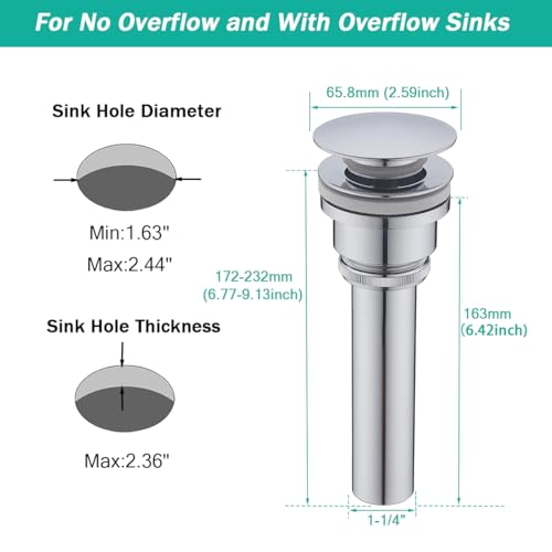 Pop Up Bathroom Sink Drain - Dual Use Vanity Faucet Sink Drain Stopper,for Basin With or Without Overflow hole,Anti Clog Pop Up Drain,Chrome,SE83999C - color: Chrome