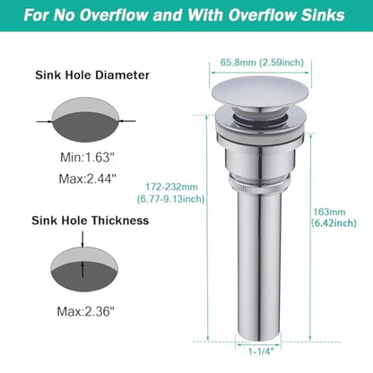Pop Up Bathroom Sink Drain - Dual Use Vanity Faucet Sink Drain Stopper,for Basin With or Without Overflow hole,Anti Clog Pop Up Drain,Chrome,SE83999C - color: Chrome