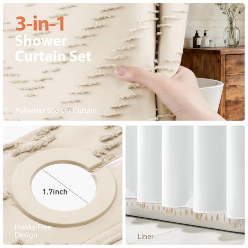 Beige Hook Free Chevron Shower Curtain & Fabric Liner,72x75 | Less Time to install, 3 in 1 Fabric Shower Curtain and Liner Set with Magnets, Mesh Top Window, Shower Curtains for Bathroom - color: Beige, size: 72"W x 75"L (Pack of 1)