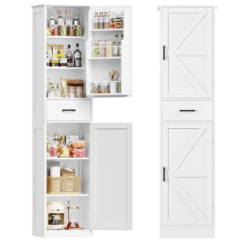 Tall Storage Cabinet with 3 Door Shelves & 1 Drawer, Narrow Kitchen Pantry Cabinet for Living Room, Bathroom, Entryway, White - color: White