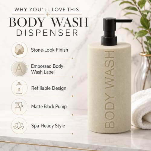 Resin Tan Sandstone Body Wash Engraved Bottle Refillable Pump Dispenser, Durable Waterproof Resin Construction for Bath, Shower - Tan Sandstone, ORB Pump - color: Tan Sandstone Resin, Orb Pump - Body Wash