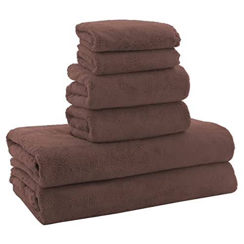 MOONQUEEN Ultra Soft Microfiber Coral Velvet Towel Set - Quick Drying, 2 Bath Towels, 2 Hand Towels, 2 Washcloths - Wood Brown, 6 Pcs - color: Wood Brown
