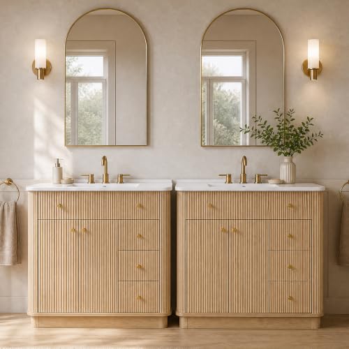 T4TREAM 72" Fluted Bathroom Vanity with 2 Single Sinks, Natural Oak | Integrated Ceramic Sink, Large Storage Cabinet, Adjustable Shelf, 3 Drawers, Three pre-drilled faucet holes, Mid-Century - color: Natural Oak, size: 72" (2 Single Sinks)