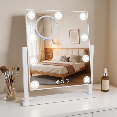 Lighted Makeup Mirror, Hollywood Vanity Mirror with 9 LED Bulbs, 3 Color Lights, and Detachable 10X Magnification Mirror, 1200mAh Rechargeable, Touch Control, 360°Rotation, White 14.05" * 12" - color: White-02, size: 14x12-9 Bulbs
