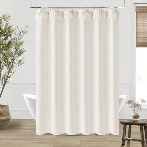 Cream Shower Curtain with Top Tassels Water Repellent 72x72 Inch | Boho Farmhouse Natural Elegant Aesthetic, Shower Curtains, Linen, Ivory, for Bathroom Decor, with Hooks Sets, 72 x 72 Inches - color: Natural - Top Tassels, size: 72"W x 72"L (Pack of 1)