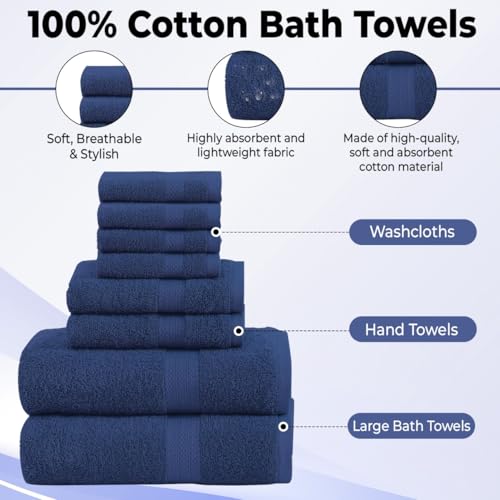 QUBA LINEN Pack of 8 Towels Set, 2 Large Bath Towels, 2 Hand Towels, 4 Wash Cloths, 100% Cotton, Lighter Weight, Quicker to Dry, Super Absorbent, Perfect for Bathroom (Navy) - color: Navy