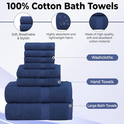 QUBA LINEN Pack of 8 Towels Set, 2 Large Bath Towels, 2 Hand Towels, 4 Wash Cloths, 100% Cotton, Lighter Weight, Quicker to Dry, Super Absorbent, Perfect for Bathroom (Navy) - color: Navy