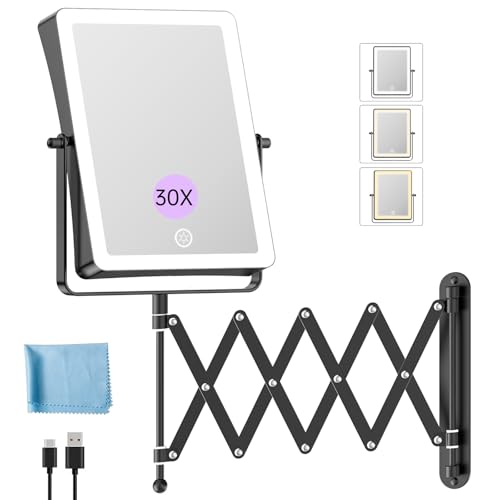 FASCINATE 8.7" 5000mAh Rechargeable Wall Mounted Makeup Mirror (Black) | Double Sided Touch Switch 1X 30X Magnifying Bathroom Mirror, 3 Color Lights, Extended Arm 360°Rotation - color: Black B