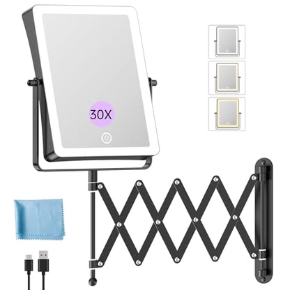 FASCINATE 8.7" 5000mAh Rechargeable Wall Mounted Makeup Mirror (Black) | Double Sided Touch Switch 1X 30X Magnifying Bathroom Mirror, 3 Color Lights, Extended Arm 360°Rotation - color: Black B
