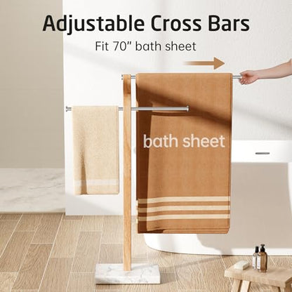 KES Width Adjustable Free Standing Towel Rack with 3X Thicker Weighted Natural Marble Base, 2-Tier Wooden Towel Rack Stand for Bathroom Floor, 18/8 Stainless Steel, Brushed Finish, BTH800-2 - color: White Marble