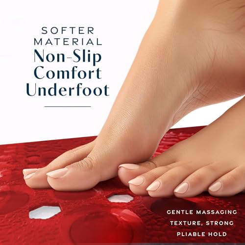 SlipX Solutions 39"x16" Power Grip Non Slip Bathtub Shower Mat, Red | Stronger Wet Surface Protection, Soft Under Foot, 265+ Suction Cups, Large Drainage Holes - color: Clear Red