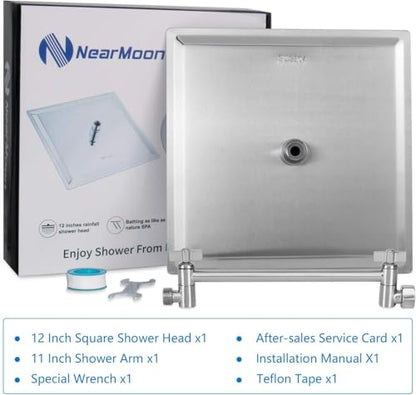 NearMoon Rain Shower Head with 11’’ Adjustable Extension Arm, Large Stainless Steel High Flow Rainfall Square Head, Bath Shower Waterfall Full Body Coverage (12 Inch, Brushed Nickel) - color: Brushed Nickel, size: 12 Inch