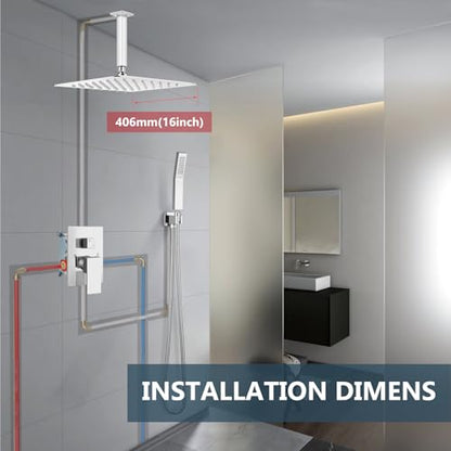 Aolemi Ceiling Shower Faucet with Handheld 16 Inch Head Polish Chrome | Shower Valve and Trim Kit,SUS304 Rain Head and Handle Set System,All Metal,Bathroom, Handheld Spray - color: Chrome, size: 16 Inch Ceiling Shower Head