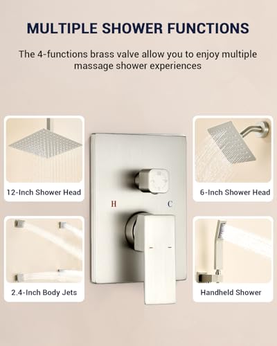 Dual Rainfall Shower Head System with 4 Body Jets, JetsBath Shower Faucet Set Double Shower Head 6-Inch Shower Head & 12” Rain Shower, Luxury Brushed Nickel Shower Faucet Set Tandem Shower Head System - color: Brushed Nickel