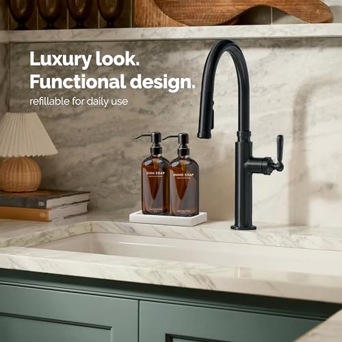 Vine Creations Amber Glass Soap Dispenser Set, Kitchen Soap Dispenser Set with Ceramic Tray, 16 oz Dish Soap and Hand Soap Dispensers with Stainless Steel Pump Decor (Amber Bottle/Matte Black) - color: Amber Bottle / Matte Black Pump