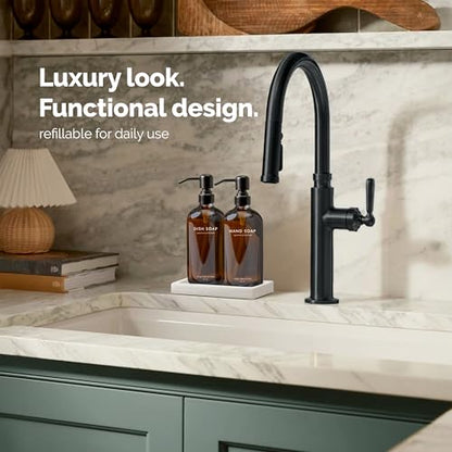 Vine Creations Amber Glass Soap Dispenser Set, Kitchen Soap Dispenser Set with Ceramic Tray, 16 oz Dish Soap and Hand Soap Dispensers with Stainless Steel Pump Decor (Amber Bottle/Matte Black) - color: Amber Bottle / Matte Black Pump