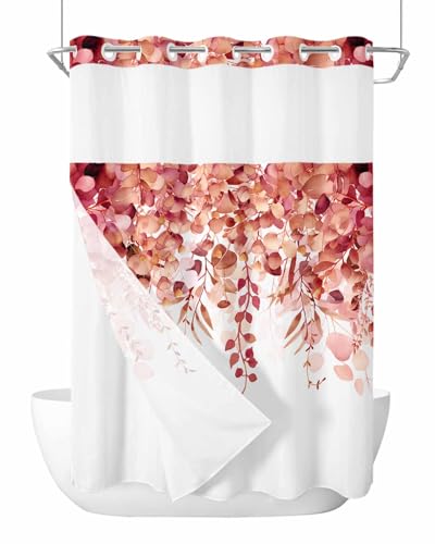 No Hook Shower Curtain and Snap in Liner Set, Red Eucalyptus Fabric Bathroom Stall Shower Curtains 48x72, See Through Mesh Top Window, Spring Summer Botanical Floral Leaves Country Hotel Style - color: Red, size: 48"W x 72"L (Pack of 1)