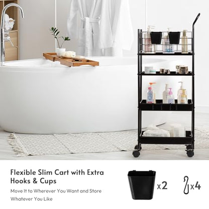 danpinera 4 Tier Slim Cart with Wheels, 7.7’’ Metal Skinny Rolling Storage Cart on Wheels for Kitchen, Bedroom, Office, Laundry Room, Small Narrow Spaces with Hooks and Cups, Black