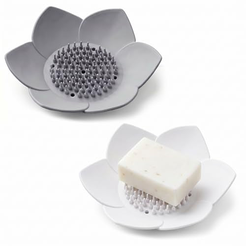JJUNW 2 Pack Silicone Soap Holder with Self Draining, Lotus Shower Steamer Trays Soap Dish for Shower Sink Bathtub - Non-Slip Bar Soap Saver Extend Soap Life