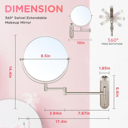Wall Mounted Makeup Mirror | 15X/1X Double Sided Magnifying Mirror, 8.5 Inch Round, Brushed Nickel, Modern Style, Space Theme, 13" L x 11" W - color: Nickel