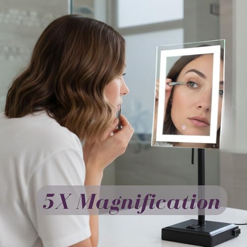 JERDON Lighted Makeup Mirror with 5X Magnification - Black - JRT910BKL | 6.5" x 9" Rectangular Frame, LED Lighting, 17" Tall - color: Black