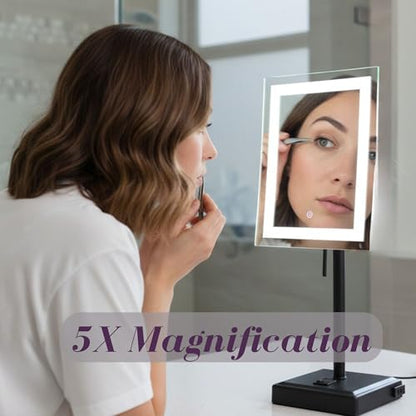 JERDON Lighted Makeup Mirror with 5X Magnification - Black - JRT910BKL | 6.5" x 9" Rectangular Frame, LED Lighting, 17" Tall - color: Black