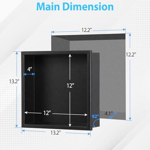 304 Stainless Steel Shower Niche 12” x 12” for Bathroom Storage | Waterproof Matte Black Recessed Shower Niche No Tile Needed with 2-Tier Shelves - size: 12 x 12 inch