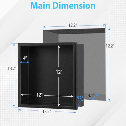 304 Stainless Steel Shower Niche 12” x 12” for Bathroom Storage | Waterproof Matte Black Recessed Shower Niche No Tile Needed with 2-Tier Shelves - size: 12 x 12 inch