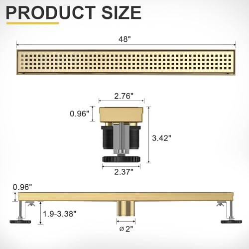 Linear Shower Drain - 48 Inch Brushed Gold, with Grate Removable | AISI 304 Stainless Steel Shower Drain with Adjustable Feet, Hair Catcher, Rectangle Shower Floor Drain Fits Bathroom, Balcony - color: Brushed Gold, size: 48 Inch