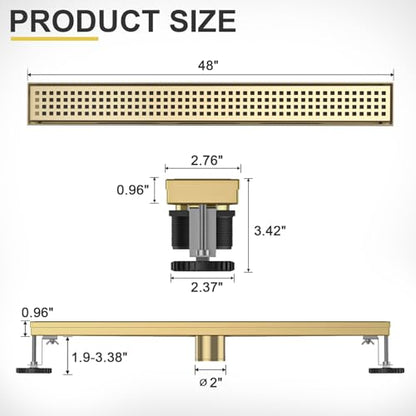 Linear Shower Drain - 48 Inch Brushed Gold, with Grate Removable | AISI 304 Stainless Steel Shower Drain with Adjustable Feet, Hair Catcher, Rectangle Shower Floor Drain Fits Bathroom, Balcony - color: Brushed Gold, size: 48 Inch
