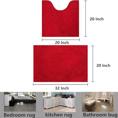 Bathroom Rugs Chenille, Extra Thick and Absorbent, Non-Slip, Machine Washable, Dry Quckily, Soft Cozy Plush, Used Under Shower Bathtub and Sink, Bath mat Sets Red - color: Red, size: 20 x 32 inch + 20 x 20 inch (U-Shape)