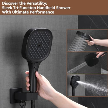 Shower System Matte Black Ceiling Mount Shower Faucet Set with 10 Inch Shower Head, Push Button Diverter Shower Fixtures with 3 in 1 Handheld,6 Inch Shower Head【All Functions Simultaneous Use】 - color: Matte Black, style: 10 Inch+6 Inch