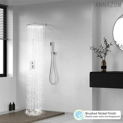 Brushed Bathroom Luxury Rain Mixer Combo Set Wall Mounted Rainfall Shower Head System, Shower Head System Shower Faucet Rough-in Valve Body and Trim Included - color: Brushed Nickel, style: 10"- 2 Function