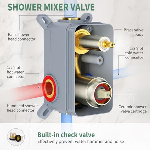 SunCleanse Rainfall Shower System Brushed Nickel Ceiling Mounted Shower System Combo Set with High Pressure 12 Inches Square Rain Shower Head Handheld and Shower Faucet Rough-in Mixer Valve and Trim | Ceiling mounted shower combo set featuring a 12" rainf