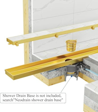 Neodrain 48-Inch Linear Shower Drain-Gold,with Tile Insert Grate | 304 Stainless Steel, Fast Drainage, Rectangle Shower Floor Drain with Leveling Feet & Hair Strainer, Fits Bathroom, Balcony - color: Gold, size: 48 IN