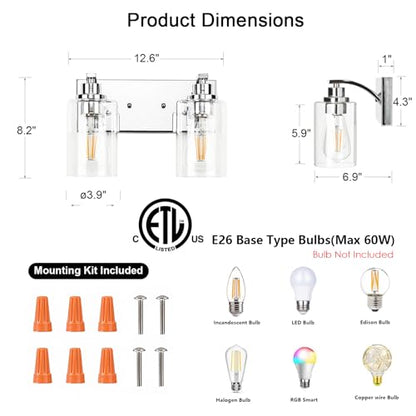 2-Light Bathroom Light Fixtures Modern Chrome Vanity Lights | Easy to Install Clear Glass Shades, Wall Mount Up or Down, E26 Socket, Hardwired, 125V - color: Chrome, size: 2 Lights