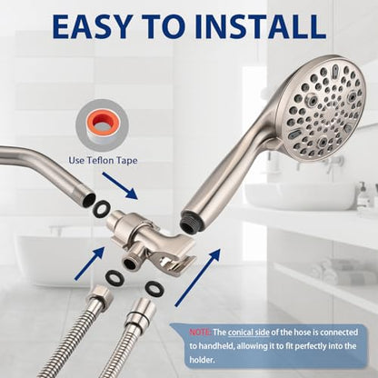High Pressure 10-Setting Handheld Shower Head, 5" Detachable Shower Spray, 79" Extra Long Stainless Steel Hose, Adjustable Bracket - Brushed Nickel - color: Brushed Nickel